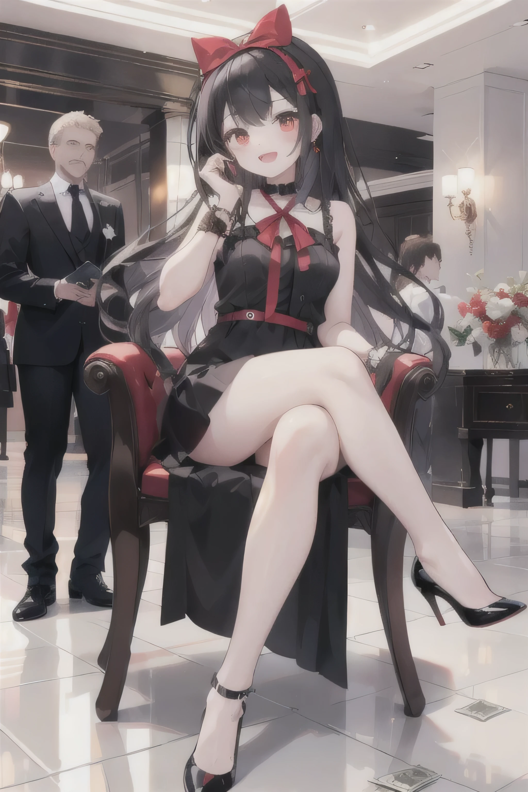 Long straight black hair,girl,black and red dress,Wear black,Sitting on a chair of pure gold and diamonds,Red pupil,laughing out loud,Black credit card in hand,Cross your legs,Black high heels,Wear black,president,He has a red bow on his head.,In the luxurious lobby,Surrounded by bodyguards,It's all about money,Hand on chin