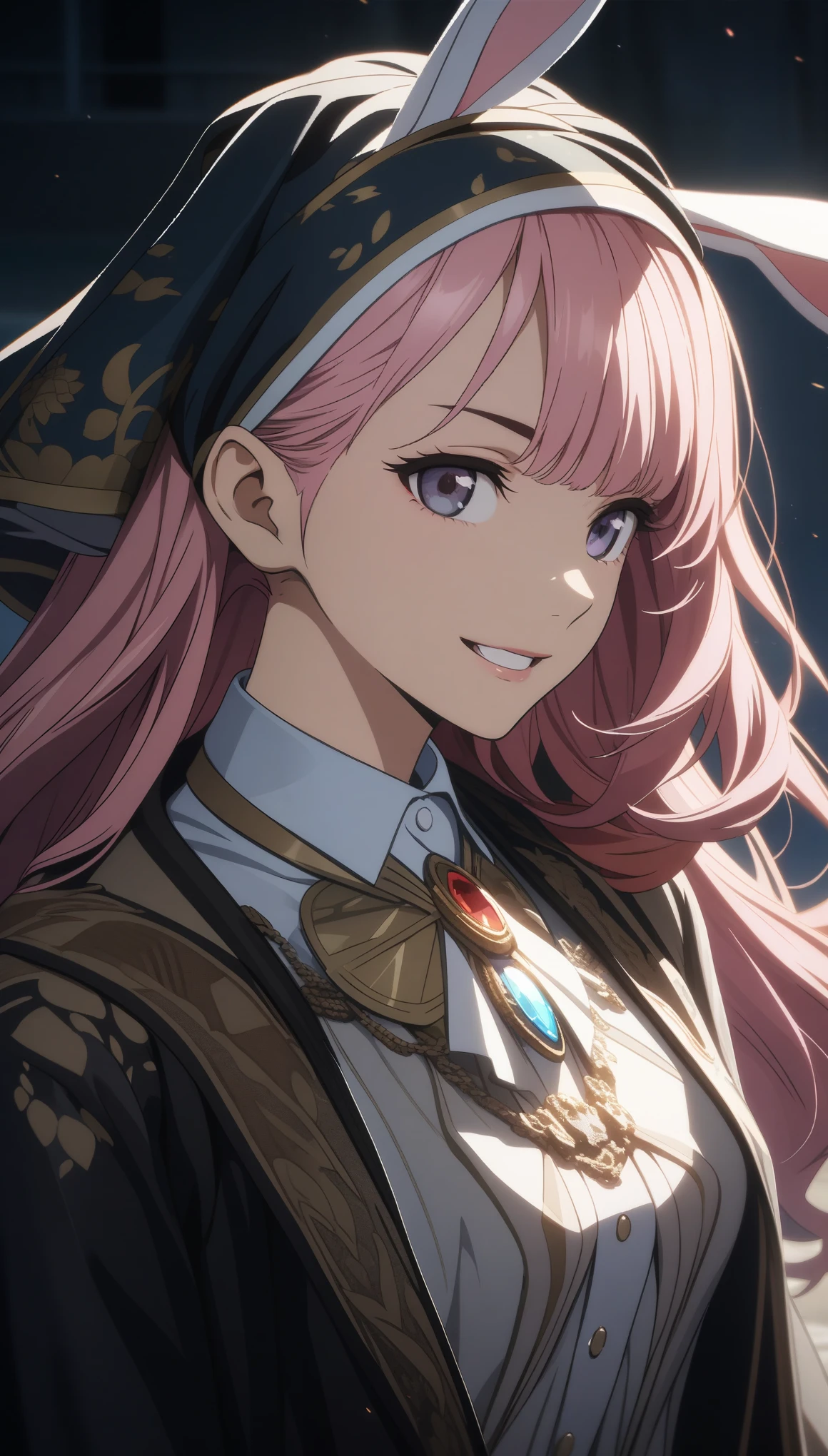 32k, best quality, ultra high res, HDR, UHD, extremely detailed CG, unity 32k wallpaper, Anime Style, Cartoon close-up of a woman with bunny ears and a tail, With rabbit tail, With rabbit ears, Girl Design, times, Portraiture, Gisha, Anime Images, Long Hair, Pink Hair, Hair covering the ears, Happy, Sophisticated and powerful appearance, exotic, expensive,