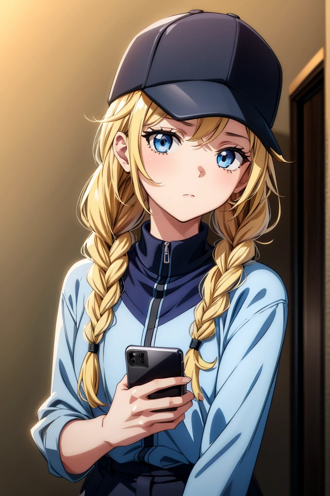 the anime character is a female with dark hair and blue eyes holding what looks like a smartwatch, 1girl, solo, hat, blue eyes, blonde hair, phone, twin braids, braid, baseball cap, holding phone, jacket, cellphone, shirt, looking at viewer, black headwear, holding, white shirt, long hair, smartphone