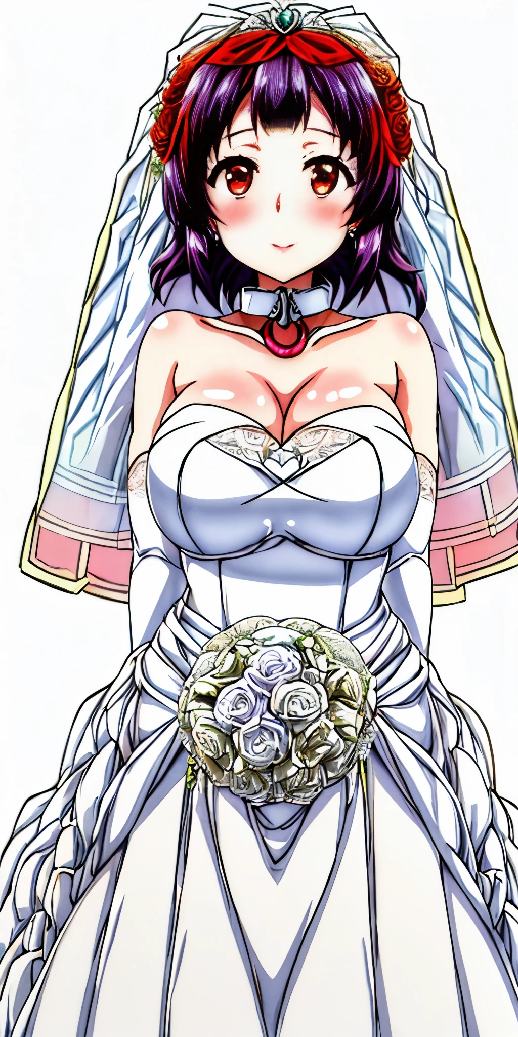Sherry, Close-up of beautiful bride wearing beautiful wedding dress, Gurwitz, (bridal veil:1.5), (Transparent short veil:1.5), Blushing face, head flower, headgear, (tube top wedding dress: 1.5), (Silk dress: 1.2) (Strapless wedding dress: 1.5) pure white dress, necklace, earrings, (large breasts:1.3), Deep V peach heart collar wedding dress, bangs, lipstick, (lace gloves: 1.3), whole body, high detail RAW color art, Long white dress, whole body, place your hands behind your back