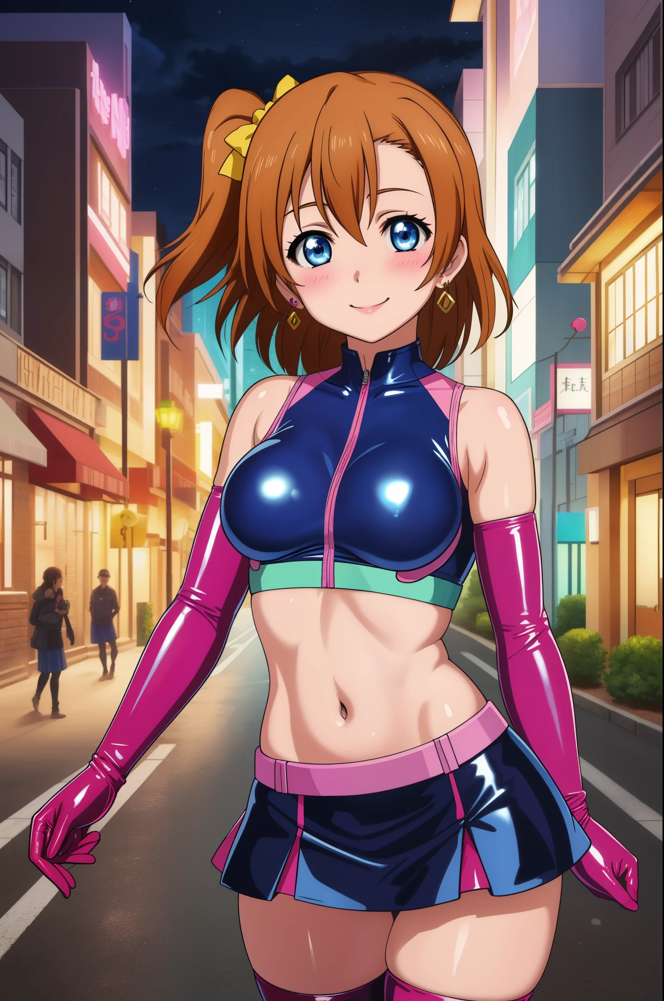 masterpiece, best quality,8k wallpaper,blue eyes,cowboy shot,kousaka honoka, (pink tight crop top), breasts , elbow gloves, (pink latex bodysuit),mini skirt ,in street , solo, (standing:0.8), earrings  , blushing , goggles , night , smile 