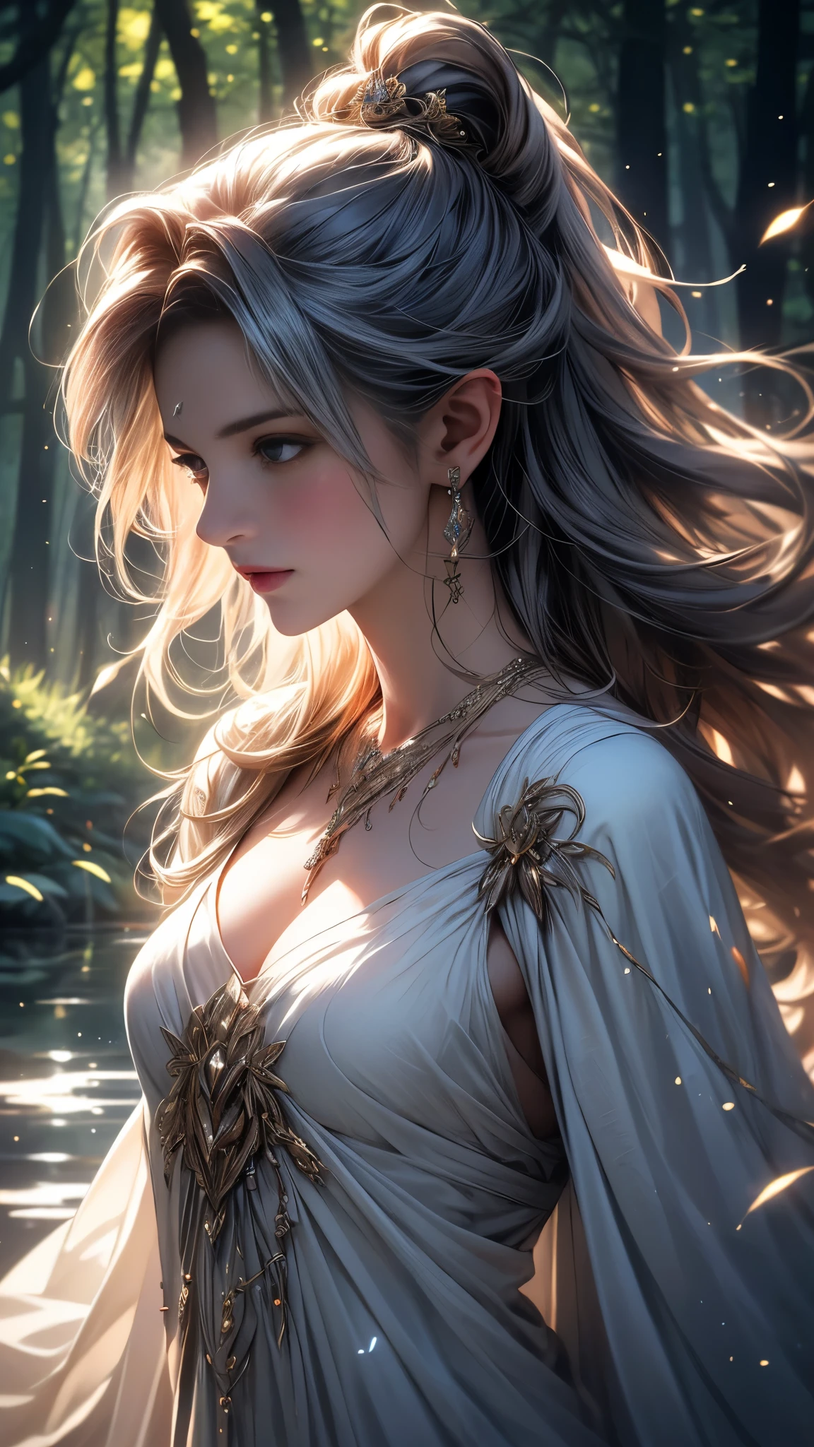 (best quality,4k,8k,highres,masterpiece:1.2), ultra-detailed, (realistic,photorealistic,photo-realistic:1.37), In the heart of an enchanted forest, bathed in the soft glow of moonlight filtering through the canopy above, stands a figure of ethereal beauty. She is an elven enchantress, her long silver hair cascading in shimmering waves around her slender form like strands of moonlight woven into silk. (Her eyes, a mesmerizing blend of iridescent hues, shimmer with an otherworldly light, reflecting the myriad colors of the forest around her:1.5). They are windows to a soul as ancient as the trees themselves, filled with wisdom and mystery far beyond her tender years. Clad in robes of flowing white adorned with intricate patterns of silver thread, she moves with a grace that is both elegant and effortless. Each movement is a dance, a fluid motion that seems to ripple through the air like water flowing over smooth stones. As she raises her delicate hands to the sky, the air around her crackles with magical energy, the very essence of the forest responding to her call. Words of power spill from her lips like liquid silver, ancient incantations that echo through the stillness of the night with a haunting melody. With each word, tendrils of magical energy begin to swirl around her, weaving together in a shimmering vortex of light and shadow. Shapes begin to form within the swirling maelstrom, phantom creatures born of pure magic dancing to the rhythm of her voice. And as she reaches the climax of her incantation, her voice rises to a crescendo, filling the forest with a symphony of power and wonder. With a final flourish of her hands, she releases the spell, the magical energies coalescing into a radiant burst of light that illuminates the darkness like a thousand stars.(art by Amano Yoshitaka:1.3)