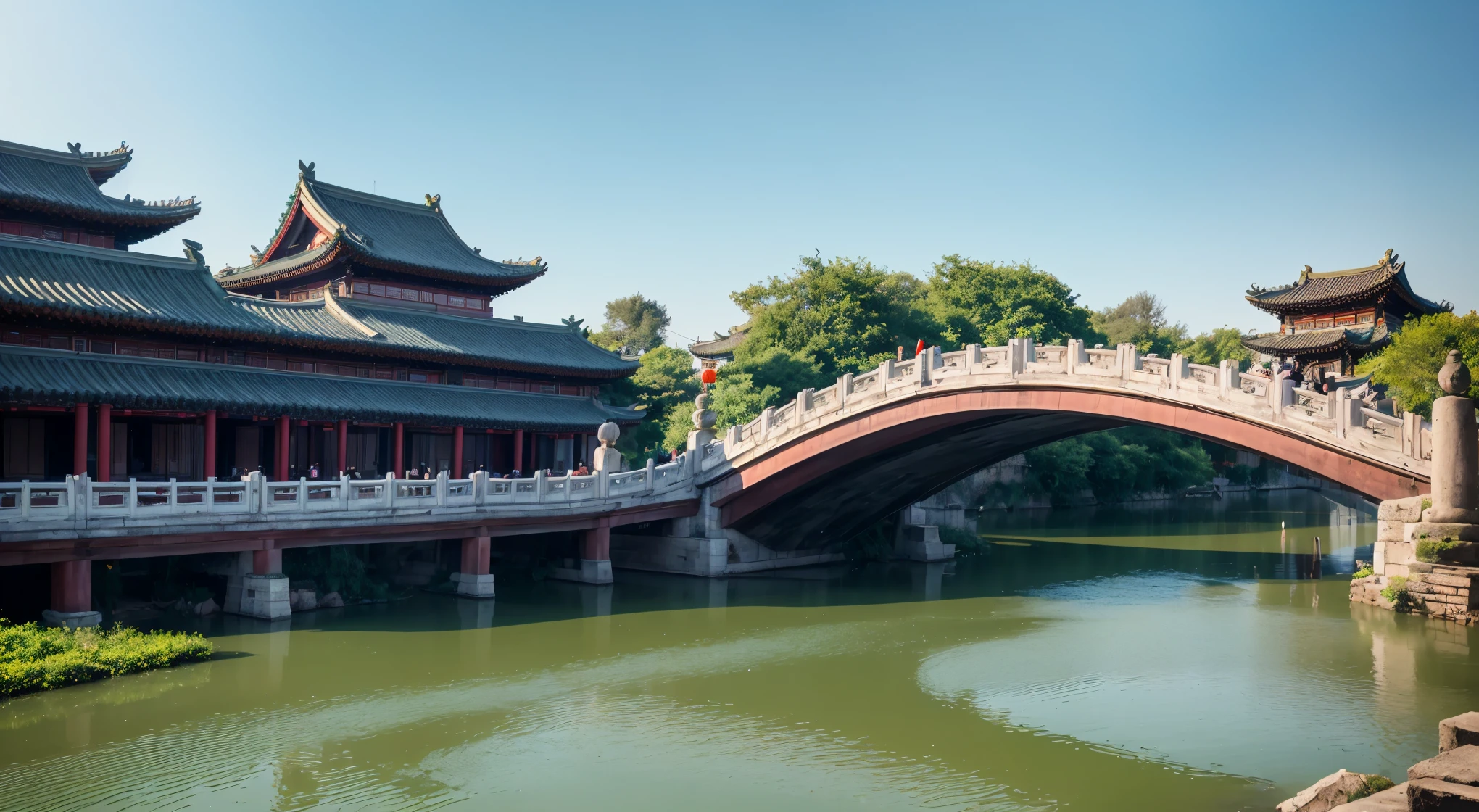 Alafed Bridge across the water，A building in the background, ancient Chinese Architecture, Chinese Architecture, Dreamy Chinatown, Beautiful images, Tang Palace, stunning images, A Japanese town, Full view, Chinese Palace, Chinese Village, Chinese Architecture, Guangjian, Chinese tradition, Song, Chinese, building along a river, Beautiful rendering of the Tang Dynasty