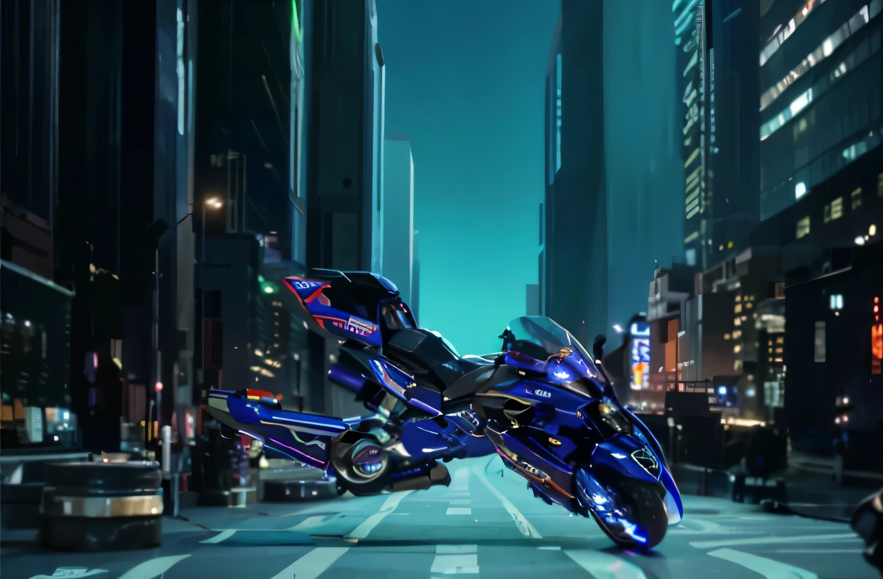 close up, futuristic motorcycle, sleek design, shining metallic surface, bright LED lights, aerodynamic shape, high-tech features, advanced controls, cutting-edge technology, powerful engine, glossy paint, dynamic curves, polished chrome accents, futuristic helmet, futuristic cityscape in the background, neon lights, glowing electric blue accents, speed and adrenaline, intense energy, fast-paced action. cyberpunk city background (best quality, highres), ultra-detailed, realistic:1.37, HDR lighting, vivid colors