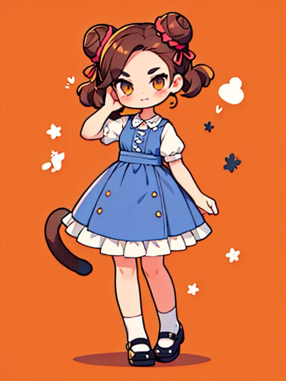 cat girl,10 years, cejas fruncidas, smug, vestido chino , afuera, cola, doble bun, Brown hair