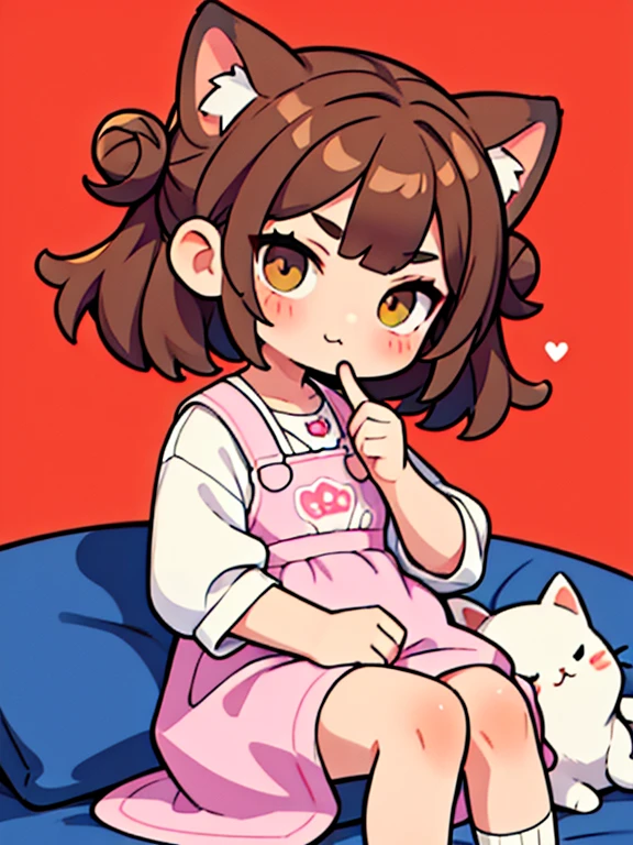 cat girl,10 years, cejas fruncidas, smug, vestido chino , afuera, cola, doble bun, Brown hair