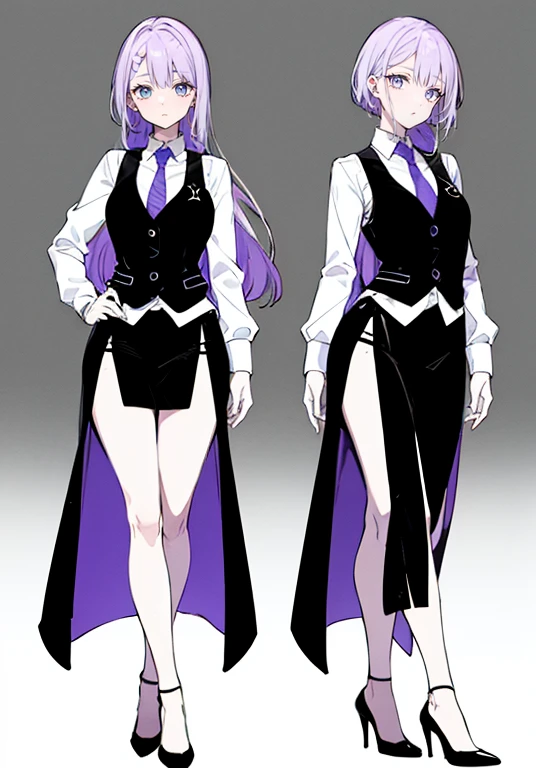 ((Perfect Face)),Purple Hair,Semi-long hair,1 female,bartender,,Black vest,tie,High heels,,((Simple light color background)),((smile)),((whole body)),((whole body)),Portraits,virtual,upright,