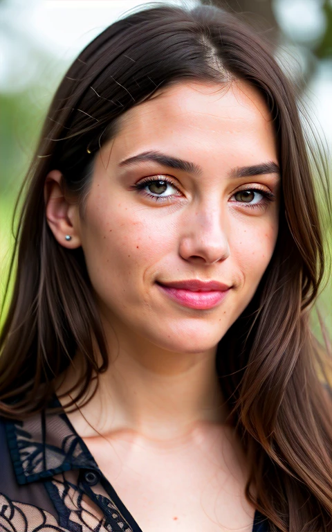 cute beautiful brunette , wearing a skirt, full body, perfect angle, very detailed, 32 years old, flirty face, messy long hair, brown eyes, high-res, masterpiece, best quality,intricate details, highly detailed,sharp focus, detailed skin,realistic skin texture,texture, detailed eyes, professional, 4k, smile, shot on Canon, 85mm,shallow depth of field,kodak vision color, eyeshadow, extremely detailed, photo_\(ultra\), photorealistic, realistic, post-processing, max detail, roughness, real life, ultra realistic, photorealism, photography, 8k uhd, photography, braless, pokies
