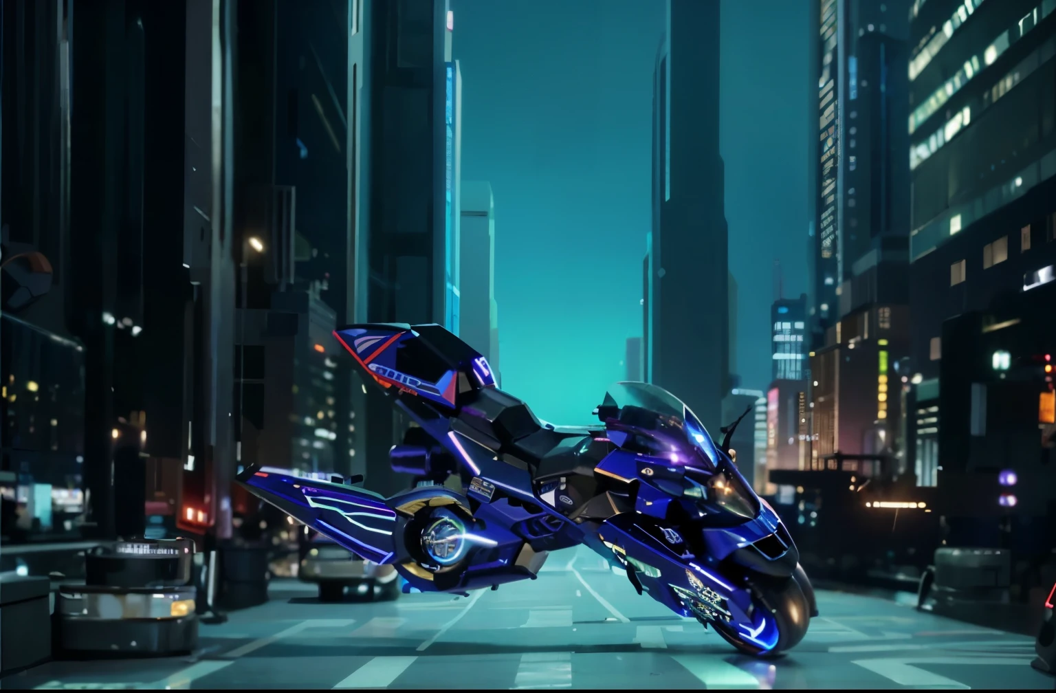 close up, futuristic motorcycle, sleek design, shining metallic surface, bright LED lights, aerodynamic shape, high-tech features, advanced controls, cutting-edge technology, powerful engine, glossy paint, dynamic curves, polished chrome accents, futuristic helmet, futuristic cityscape in the background, neon lights, glowing electric blue accents, speed and adrenaline, intense energy, fast-paced action. cyberpunk city background (best quality, highres), ultra-detailed, realistic:1.37, HDR lighting, vivid colors