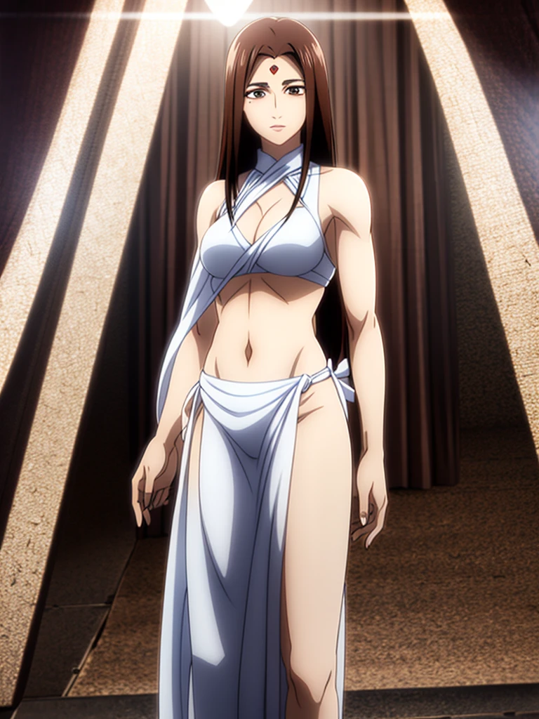 (8k, RAW photos, minino:1.1) ,female,(looki at viewer company),cowboy lens,Japanese,ieiri shoko / (jujutsu kaisen\),(fullbody saree:1.1),La Brett Piercing,cleavage,(((white saree))),seductive smile,Be red on the face, full body photo, standing, lean, muscular legs, muscular belly, brown hair, brown eye, long hair, mole on the cheek, breasts, medium breasts, (no bindi) Professional lighting、photon mapping、physics-based rendering、dark theme,wearing wifs, necklace, alone, extreme high quality, legs covering saree,