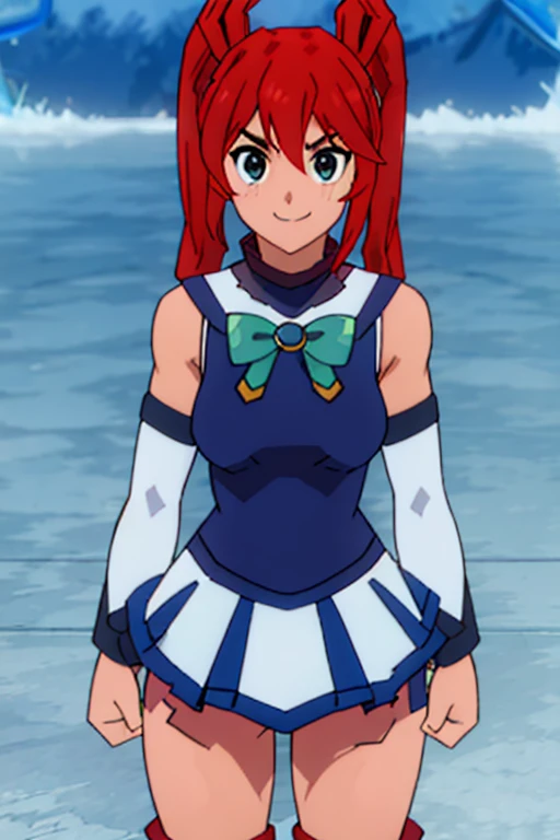 Twintail, (red haired:1.5), 1girl, (grey eyes1.2), well toned, well built, muscled, toned muscles, (in the outfit of Aqua:1.5), bow, breasts, bubble, detached sleeves, eyebrows visible through hair, white background, hair rings, looking at viewer, medium breasts, skirt, smile, solo, very long hair, water, water drop, white sleeves, selfie