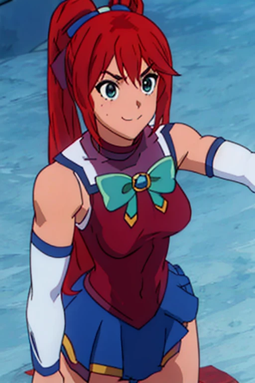 Twintail, (red haired:1.5), 1girl, (grey eyes1.2), well toned, well built, muscled, toned muscles, (in the outfit of Aqua:1.5), bow, breasts, bubble, detached sleeves, eyebrows visible through hair, white background, hair rings, looking at viewer, medium breasts, skirt, smile, solo, very long hair, water, water drop, white sleeves, selfie