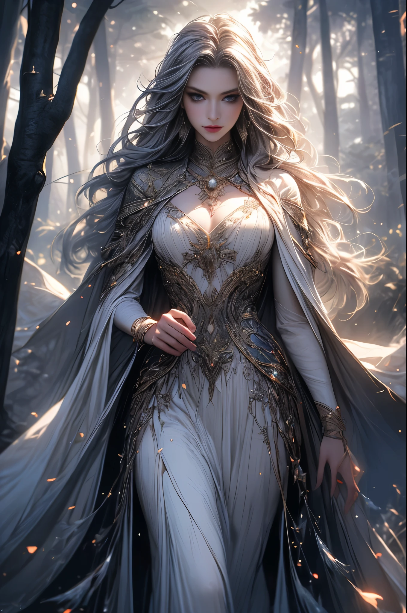 (best quality,4k,8k,highres,masterpiece:1.2), ultra-detailed, (realistic,photorealistic,photo-realistic:1.37), In the heart of an enchanted forest, bathed in the soft glow of moonlight filtering through the canopy above, stands a figure of ethereal beauty. She is an elven enchantress, her long silver hair cascading in shimmering waves around her slender form like strands of moonlight woven into silk. (Her eyes, a mesmerizing blend of iridescent hues, shimmer with an otherworldly light, reflecting the myriad colors of the forest around her:1.5). They are windows to a soul as ancient as the trees themselves, filled with wisdom and mystery far beyond her tender years. Clad in robes of flowing white adorned with intricate patterns of silver thread, she moves with a grace that is both elegant and effortless. Each movement is a dance, a fluid motion that seems to ripple through the air like water flowing over smooth stones. As she raises her delicate hands to the sky, the air around her crackles with magical energy, the very essence of the forest responding to her call. Words of power spill from her lips like liquid silver, ancient incantations that echo through the stillness of the night with a haunting melody. With each word, tendrils of magical energy begin to swirl around her, weaving together in a shimmering vortex of light and shadow. Shapes begin to form within the swirling maelstrom, phantom creatures born of pure magic dancing to the rhythm of her voice. And as she reaches the climax of her incantation, her voice rises to a crescendo, filling the forest with a symphony of power and wonder. With a final flourish of her hands, she releases the spell, the magical energies coalescing into a radiant burst of light that illuminates the darkness like a thousand stars.(art by Amano Yoshitaka:1.3)