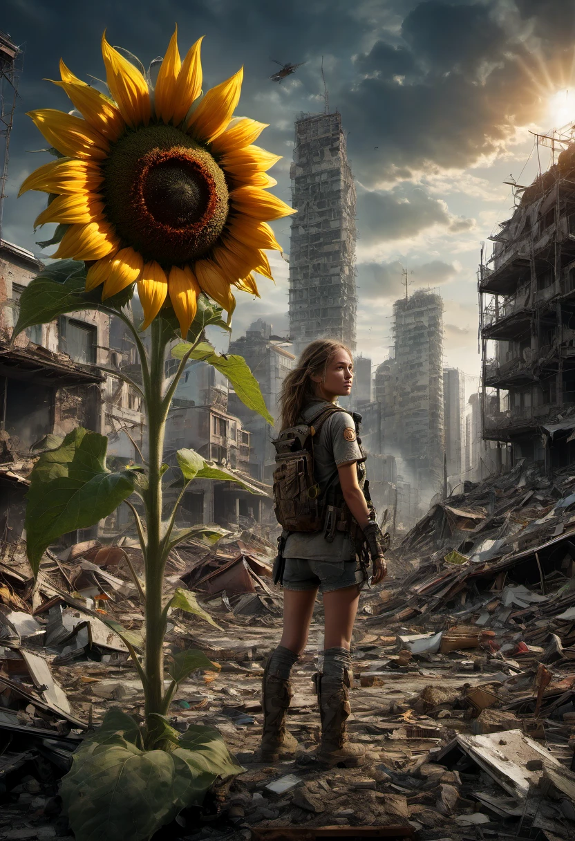 1girl, Post-Apocalyptic Wasteland, Giant sunflower growing from rubble, Scavengers digging through a post-apocalyptic city after the end of the world Epic cinematic brilliant stunning intricate meticulously detailed dramatic atmospheric maximalist digital matte painting volumetric lighting concept art