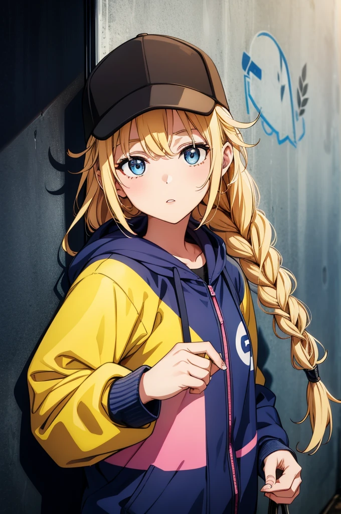 an anime girl holding a  phone and pointing at a wall graffiti, 1girl, blonde hair, hat, blue eyes, twin braids, phone, jacket, solo, braid, baseball cap, holding, black headwear, multicolored jacket, holding phone, cellphone, looking at viewer, long hair, parted lips, long sleeves, blue jacket, smartphone