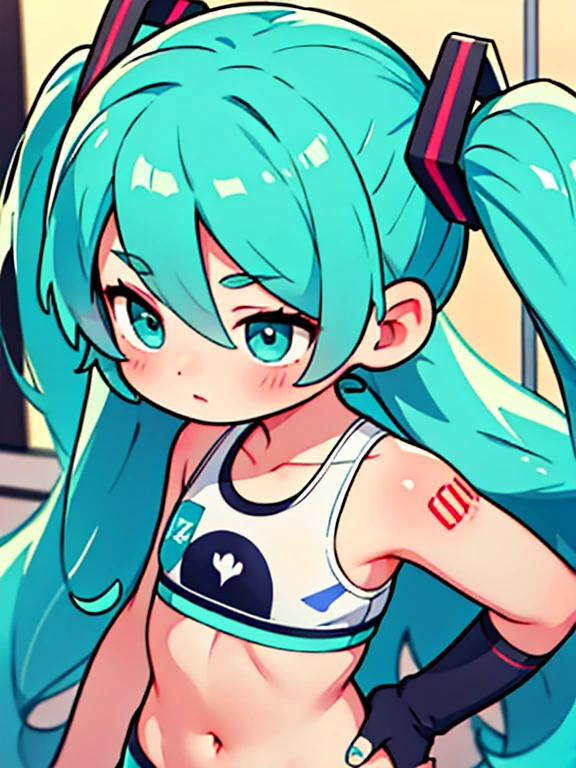 Hatsune Miku, usando ropa deportiva, entrena intensamente en un gimnasio de culturismo, fuerte, mirando a un espectador, pesas, ejercicio