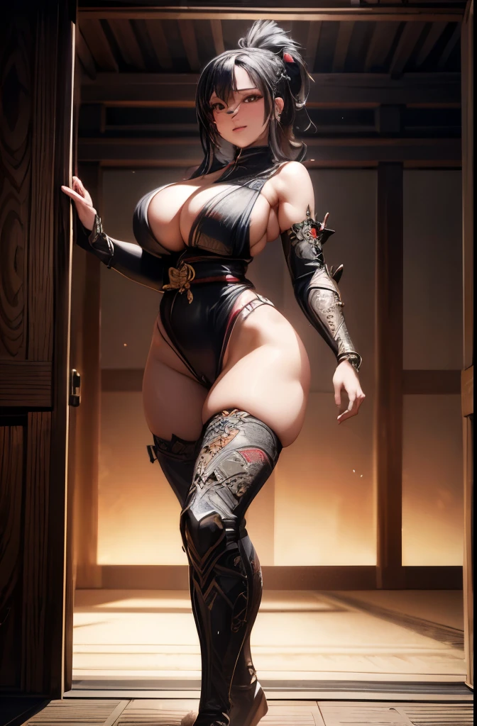 Beautiful kunoichi ready for battle wearing intricate white Ninja armor,, lounging in the doorway, (katana on hand),trending on artstation, Sharp focus,, Intricate details, Highly detailed, playful smile, parted lips, full lips, intricate face details, laughing at the viewer, Curvy physique, (Slim body), model in Japan，((Sexual suggestiveness))， at the palace，vibrant, 4K, Intricate details, big breasts, enchanting, Professional manufacturing, 12k resolution,。.3D, full body shot, Highly detailed, vibrant, Ultra high quality, hyper photorealism, Photorealism, rendering by octane], seductive standing pose, whole body in frame, 
