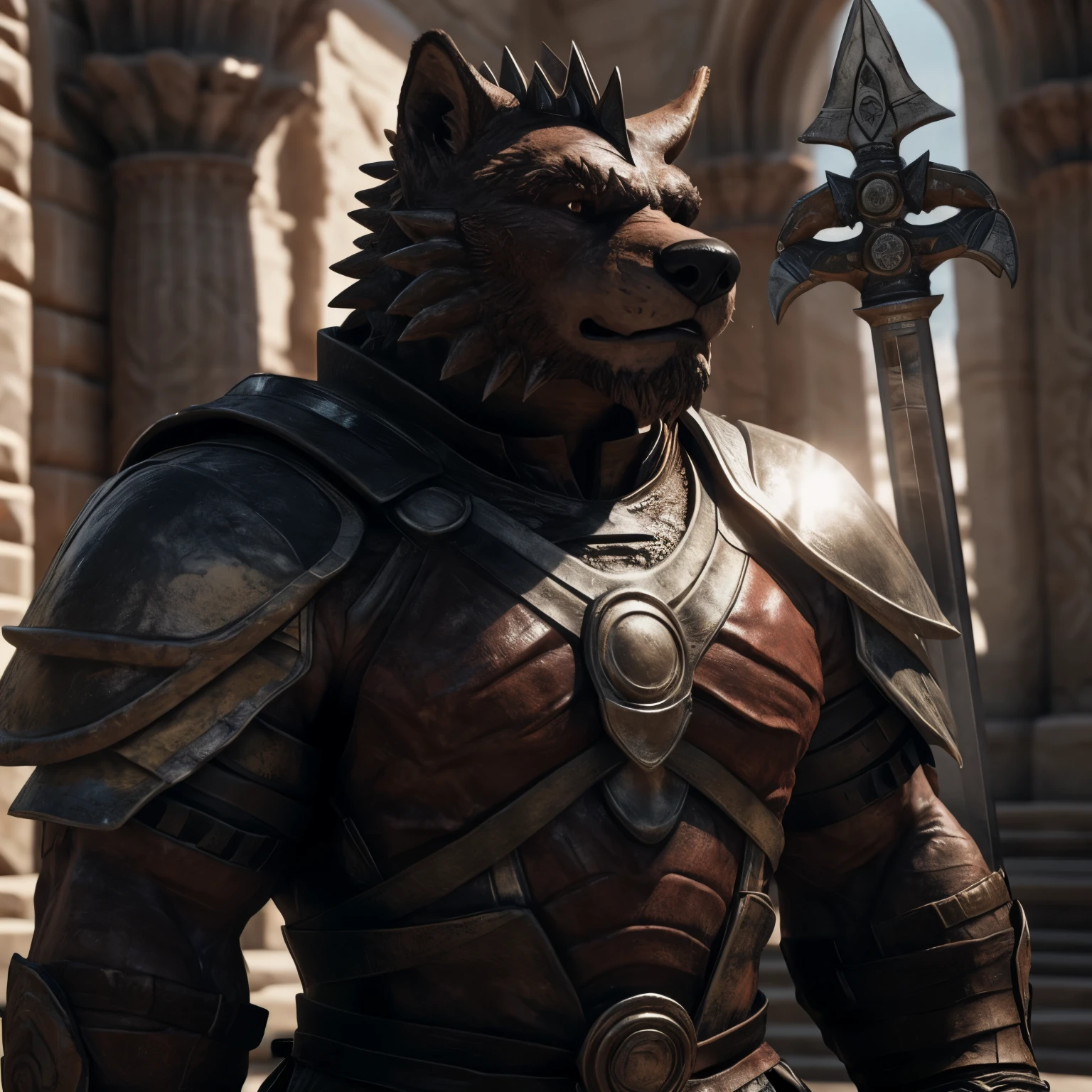 Create realistic 3D render images of a Roman soldier in the Roman era, clad in dark red leather armor. His muscular figure is defined with intricate detail, every sinew and contour visible under the sun-kissed armor. His face is chiseled and serious, with piercing brown eyes and a strong jawline. The detailed texture of the armor is accentuated by the play of light and shadow, as if each scale and crease is individually crafted. His sword and shield are ATGBC (advanced technology for gamma-buttered computer graphics) rendered to the highest quality, adding to the grandeur of the scene. Each fiber of the armor and strand of his beard is rendered