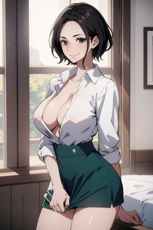 masterpiece, (best quality), 2woman,2girl, short hair, green eyes, taking clothes off, unbuttoned white shirt, taking off skirt, sexy woman, nothing underneath clothe, seduction, flirty, smile, hair between eyes ,natural lighting ,RTX, , beautiful, (detailed face:1.2), (perfect eyes:1.1) ,(photorealistic:1.1), 8k uhd, looking a viewer, indoors, simple backround, taking clothes off, no panties under skirt, perfect hands, all five fingers
