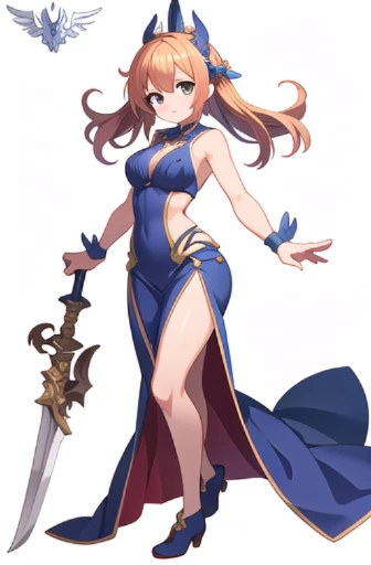 (stand posture), cute eyes, adult woman,, solo, high fantasy outfits, ((white background)), (full body), holding weapon, 
