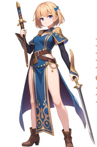 (stand posture), cute eyes, adult woman,, solo, high fantasy outfits, ((white background)), (full body), holding weapon,
