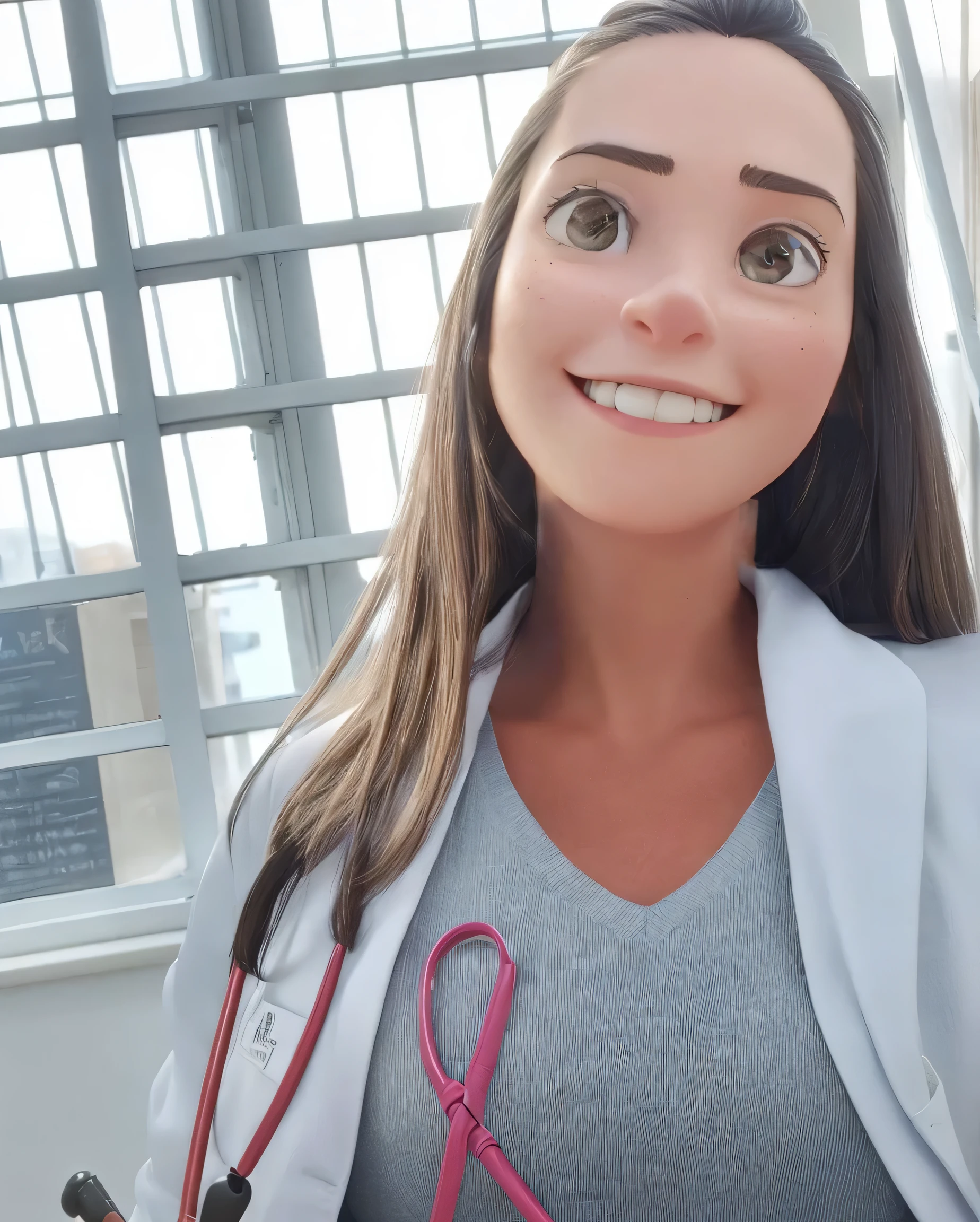 generates a full-length pixar character style image, 34-year-old woman, long black hair, veterinarian, passionate about her profession.