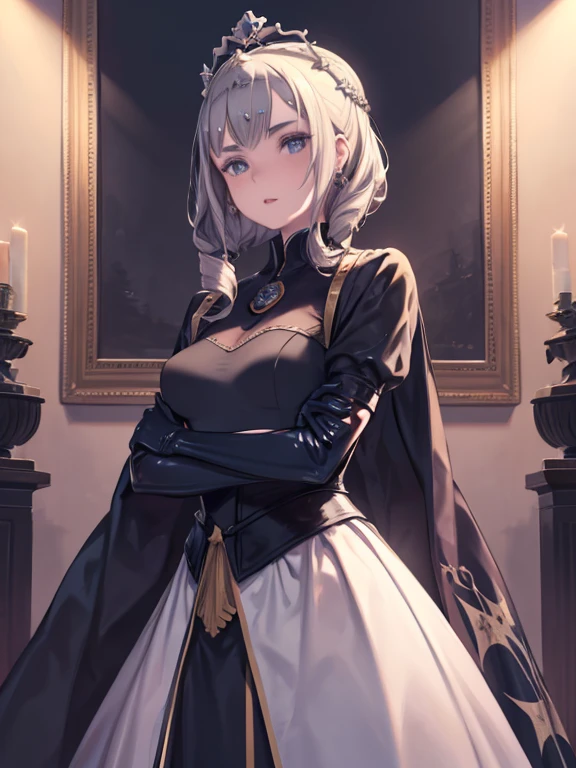 Ultra-detailed and exquisite facial features of a lone young girl.
Silver colored hair, Red irises, intricate and detailed paired of eyes, Short intricate hair.
Her expression is detailed, and she stands with a graceful posture, her hands clasped together in front of her chest with fingers interlocked. The atmosphere is dreamy, with expressive brush strokes and a mystical ambiance, creating an artistic interpretation with a small and fresh aesthetic.
She wears a traditional ornate black and white religious robe with gold accents and crosses, plain and simple attire but detailed, embodying gothic fashion.
Her pale skin has a gentle blush on the cheeks, and she has doe eyes with scarlet irises.
The setting is inside a grand, old cathedral with high arched windows and stained glass, characterized by dark lighting.
The background includes gothic architectural elements, contributing to a somber yet serene atmosphere.
Dramatic lighting and pale golden light illuminate the scene, casting soft shadows. The overall mood is dark and gothic, with the girl's conservative clothing emphasizing the theme. She appears to be around , with Patsun bangs, and the image should be of the highest quality.