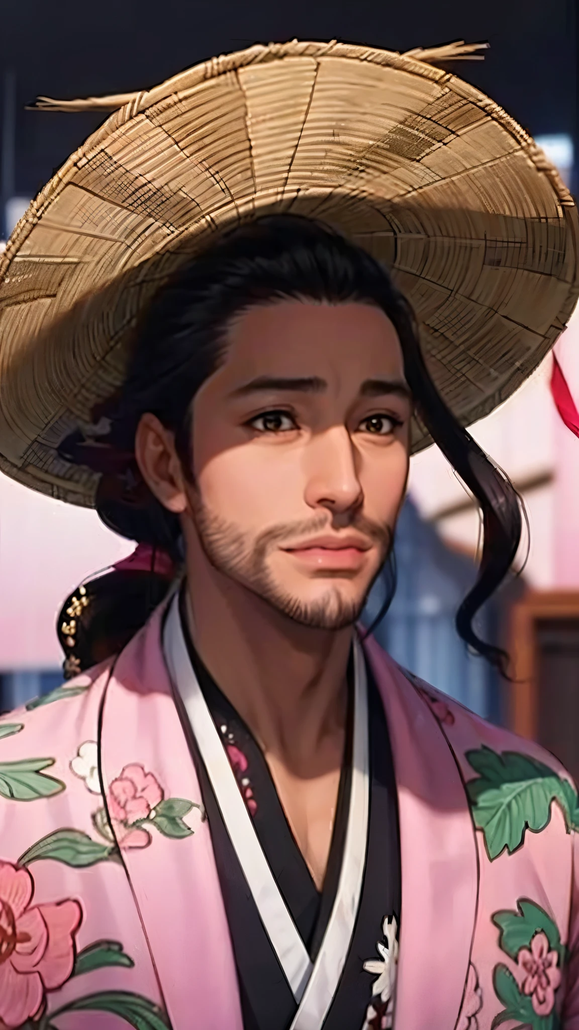 （（（完美figure，figure，man，solo，（（（Wearing a pink feather woven jacket embroidered with patterns, often wearing a straw hat on the head，）））， （（（kyoraku shunsui，Brown slightly curled medium long hair tied in a ponytail shape，Wearing two fancy hairpins, with a slight beard on the chin））），((masterpiece)),high resolution, ((Best quality at best))，masterpiece，quality，Best quality，（（（ Exquisite facial features，Looking at the audience,There is light in the eyes，(（（lol，confidence））)，））），型figure:1.7））），（（（Light and shadow，））），（（（Looking at the camera，black background，）））