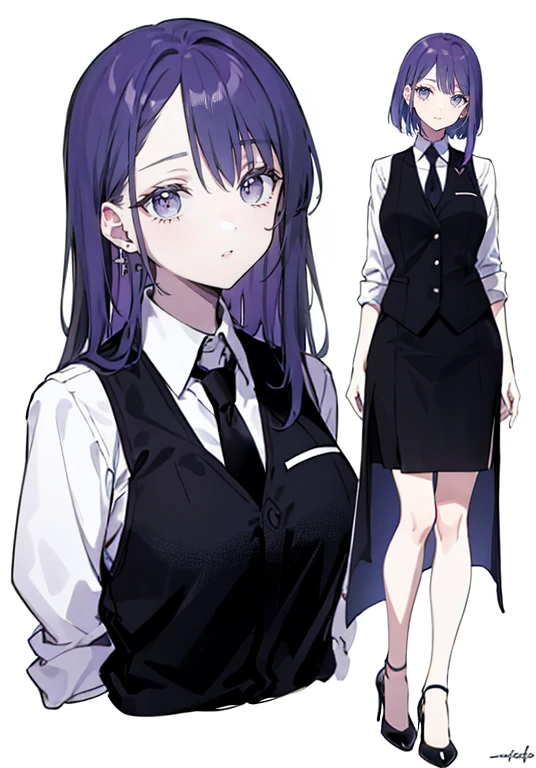 ((Perfect Face)),Purple Hair,Semi-long hair,1 female,bartender,,Black vest,tie,High heels,,((Simple light color background)),((smile)),((whole body)),((whole body)),Portraits,virtual,upright,