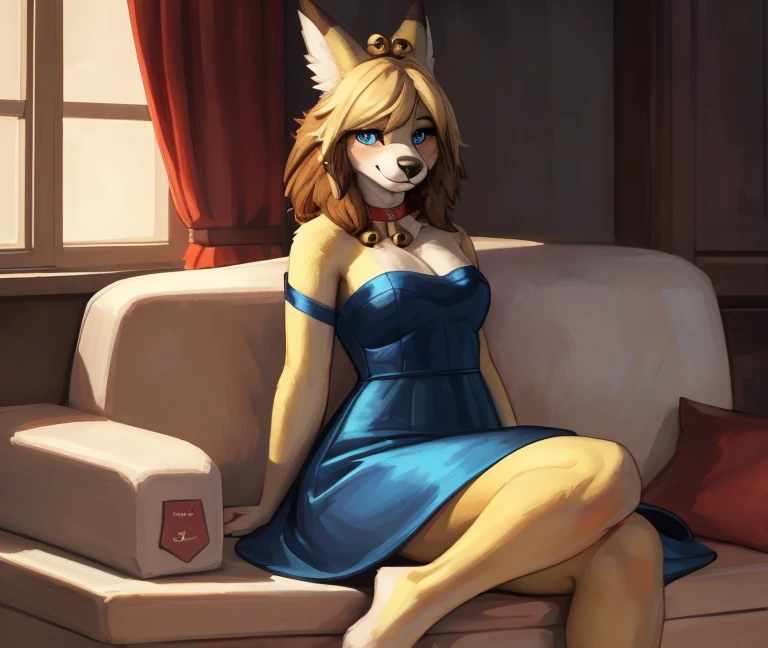 [isaCrossing], [Isabelle], [Wildwechsel], [Hochgeladen auf e621.net; (Pixelsketcher), (wamudraws)], ((Meisterwerk)), ((HD)), ((highres)), ((Solo portrait)), ((Vorderansicht)), ((Feet visible)), ((pelzig; anthro)), ((detailliertes Fell)), ((detaillierte Schattierung)), ((beautiful rendering art)), {anthro; (schlanke Figur), gelbes Fell, schwarze Nase, (sweet blue eyes), kleine braune Augenbrauen, blondes Haar, (Bells in the hair), Haarknoten, flauschigen Schwanz, (curvy hips), (Sweat on the forehead), (nice legs), (pretty feet), (betrunkener Gesichtsausdruck), (flushed face), (smug grin)}, {(rote Schleife im Haar), (green off-the-shoulder satin dress), (Dekollete)}, {(auf der Couch sitzen), (Hand aufs Gesicht), (nach innen gerichtet), (Betrachter betrachten)}, [Hintergrund; (Verein), (Party), (Neonlichter), (Umgebungsbeleuchtung)]