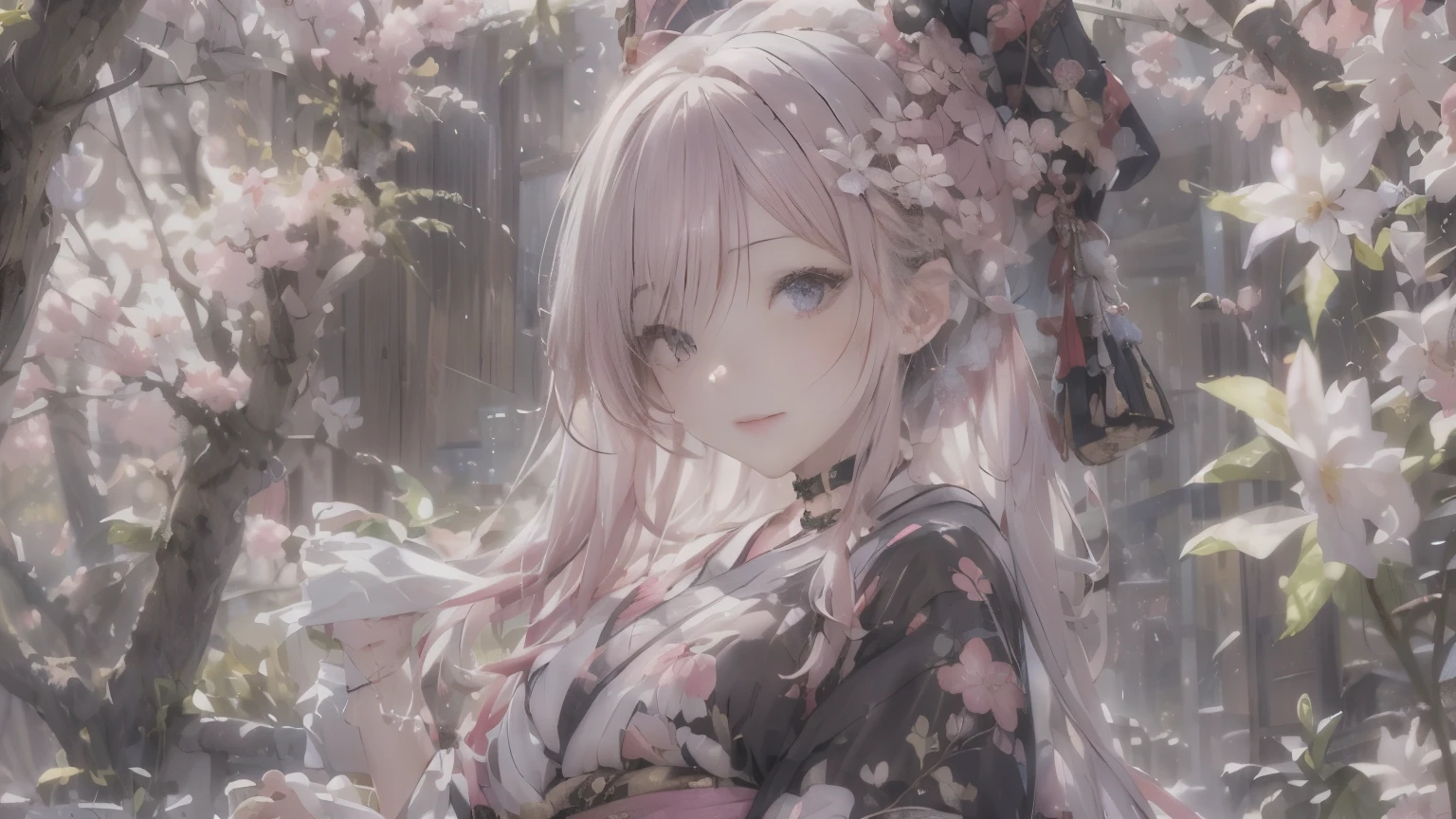 One Woman,Cherry blossom viewing at night,(highest quality,8K quality,masterpiece:1.3,High resolution,Tabletop:1.2, realism:1.3), kimonoを着た初音ミク風のピンクの髪色の23歳の女性,Full Body Lesbian:1.3,look far away,(Japan Dresses, kimono:1.4,generally:1.2, choker:1.4),(Long Hair:1.2,Well-groomed pink hair), (Backstreets:1.3), kimono comes off,I can see your thighs, Beautiful Face,(Young Gravure Idol, A sophisticated gravure idol),(finely detailed perfect face),Normal perfect hands:1.5,Normal, beautiful fingers:1:5,Normal legs:1.5,The whole body is shown standing up