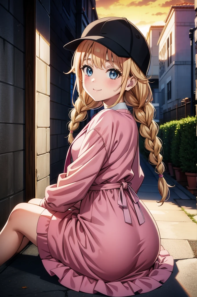 a pink haired anime girl looking over at city and town from an alleyway, 1girl, solo, braid, long hair, blue eyes, looking at viewer, sitting, looking back, outdoors, brown hair, long sleeves, sunset, blush, dress, smile, bangs, white dress, twin braids,Eiko Tsukimi, blue eyes, braid, twin braid,blonde hair,baseball cap