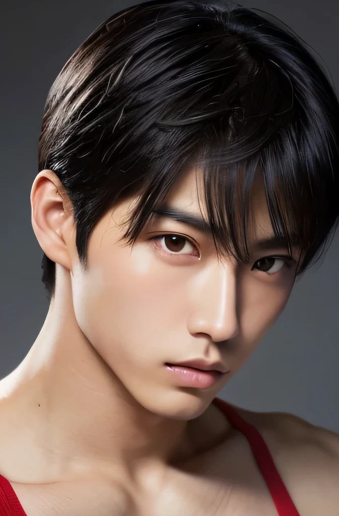 Handsome Japanese male model 17 years old Black Hair Short Hair Trimmed Baby Face Looking straight into the camera with a stern gaze Beautiful Skin Slim and muscular Fierce My eyes are watery blush