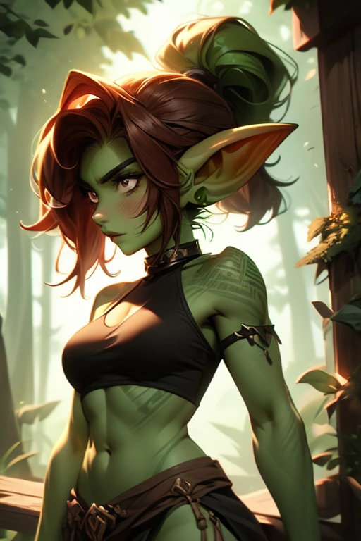 4k, goblin tomboy, wearing medium loin cloth and loose black halter, armor, light green skin, pointy ears, brown eyes, ponytail dark red hair, small breasts, 1girl, solo, profile picture, forest background. 