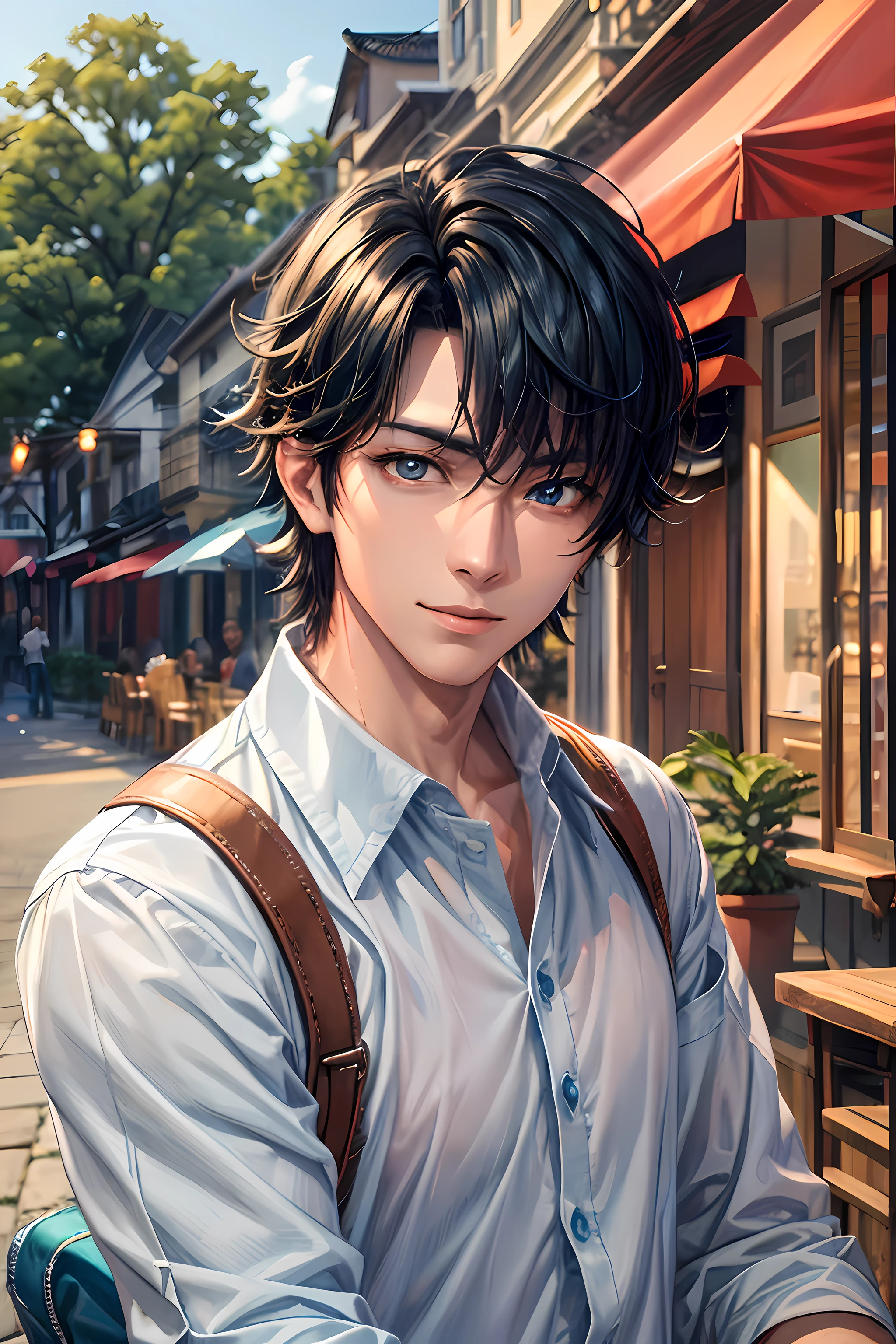 777、(hoang lap,hight resolution,Hyper-detailing,nffsw),tmasterpiece,best qualtiy,1boy ,Handsome,cabelos preto e longos,fine eyes and detailed face,white shirt,denim、cafe terrace,Self-shot,lightsmile,(teal eyes)