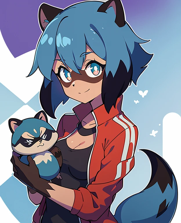 Michiru_kagemori, 1girl, Tier_Ohren, Blau_Haar, Body_Fell, Fellry, Fellry_weiblich, raccoon_Ohren, raccoon_girl, raccoon_Schwanz, kurz_Haar, Schwanz, Rot_Jacke, Schiene_Jacke, White_Hemd, offener Mund, schreiend, scaRot, Nacht, Regen, Blitz, Blitz strike, outside, Wald, Baum, portrait, Allein, Oberer, higher_Body, ambient dunkelness, dunkel