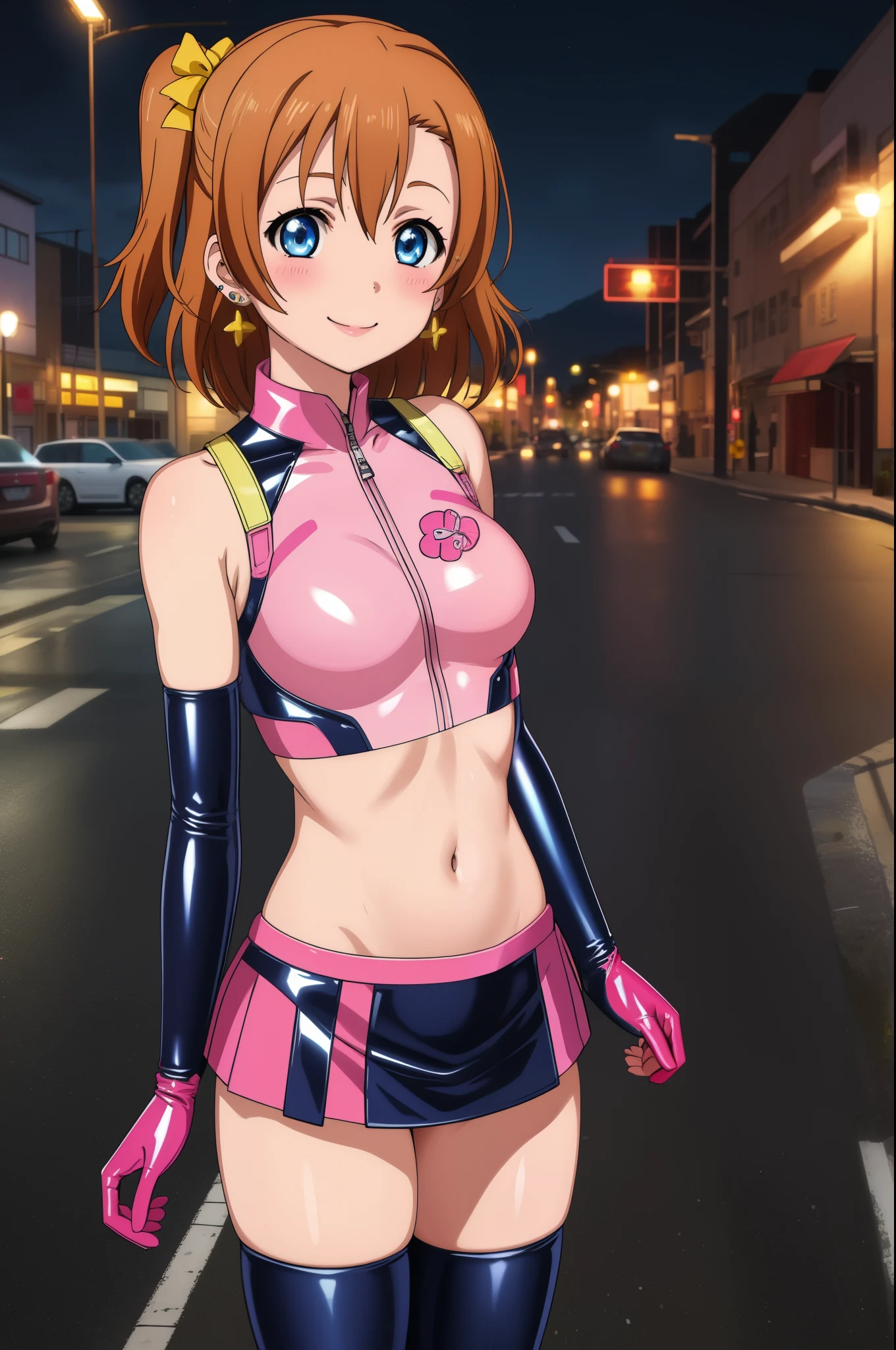 masterpiece, best quality,8k wallpaper,blue eyes,cowboy shot,kousaka honoka, (pink tight crop top), breasts , elbow gloves, (pink latex bodysuit),mini skirt ,in street , solo, (standing:0.8), earrings  , blushing , goggles , night , smile 