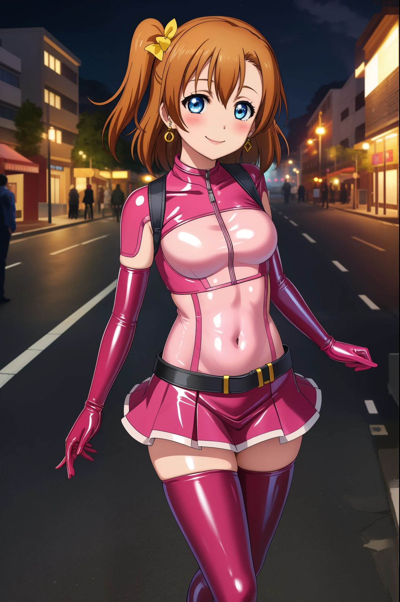 masterpiece, best quality,8k wallpaper,blue eyes,cowboy shot,kousaka honoka, (pink tight crop top), breasts , elbow gloves, (pink latex bodysuit),mini skirt ,in street , solo, (standing:0.8), earrings  , blushing , goggles , night , smile 