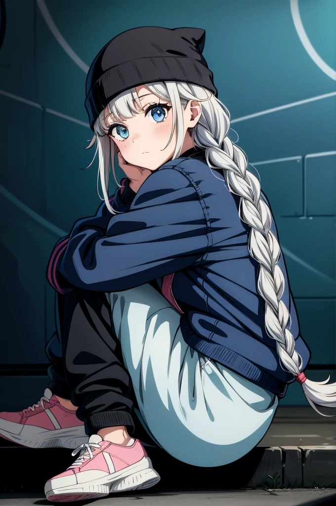 a close up shot of anime girl sitting down on steps by a graffiti covered wall, beanie, blue eyes, hat, looking at viewer, sitting, outdoors, black headwear, twin braids, jacket, braid, shoes, black pants, long hair, long sleeves, looking back, solo focus, sneakers, white footwear, grey hair, closed mouth, pants, bangs, blush