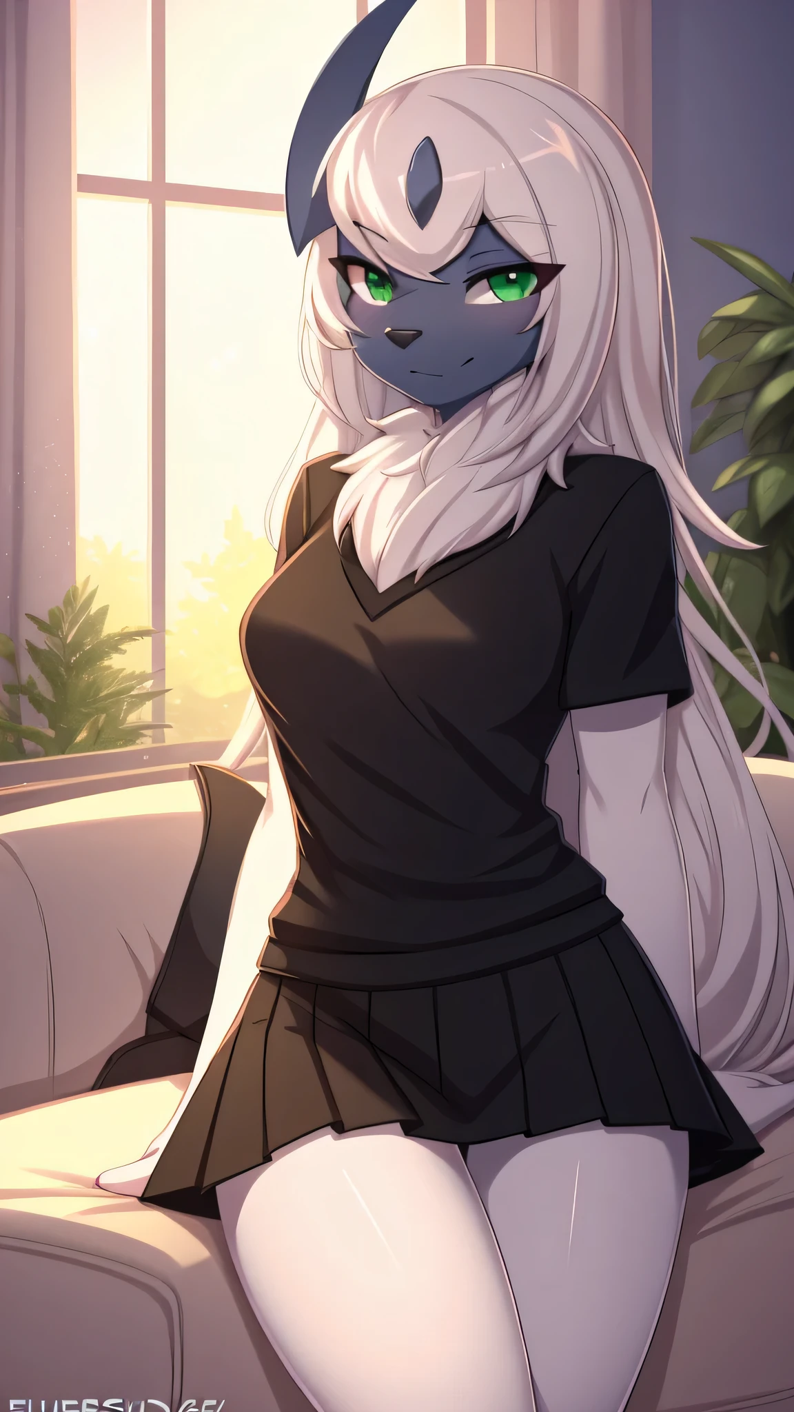 By zinfyuu on pixiv,by twistedscarlet60, uploaded on pixiv, by fluff-kevlar, (masterpiece), (best quality), (anthro furry:1.3, snout:1.2, anthro:1.3, furry:1.2, solo female:1.2), (extremely detailed:1.3), (Detailed eye part,green eye), absol, sfw,view on viewer, wearing black skirt and tshirt, in living room, white long hair