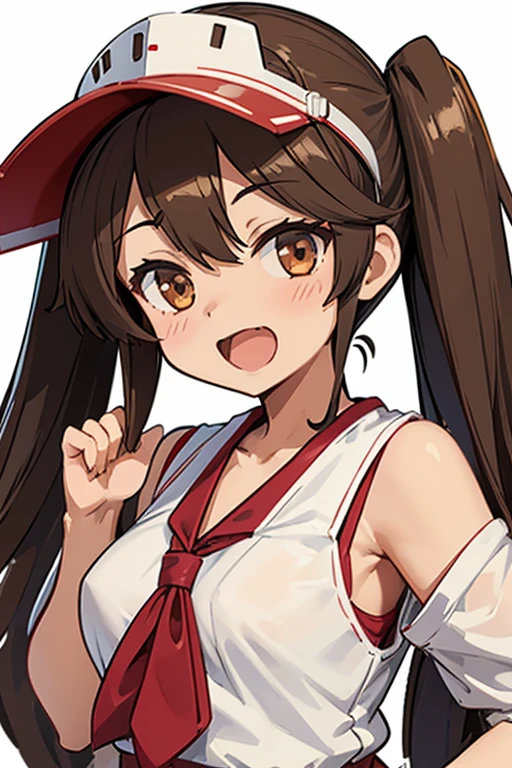 1girl, ryuujou (kancolle), solo, brown hair, twintails, brown eyes, visor cap, magatama, open mouth, aircraft, smile, airplane, white background, japanese clothes, simple background, kariginu, upper body, long hair