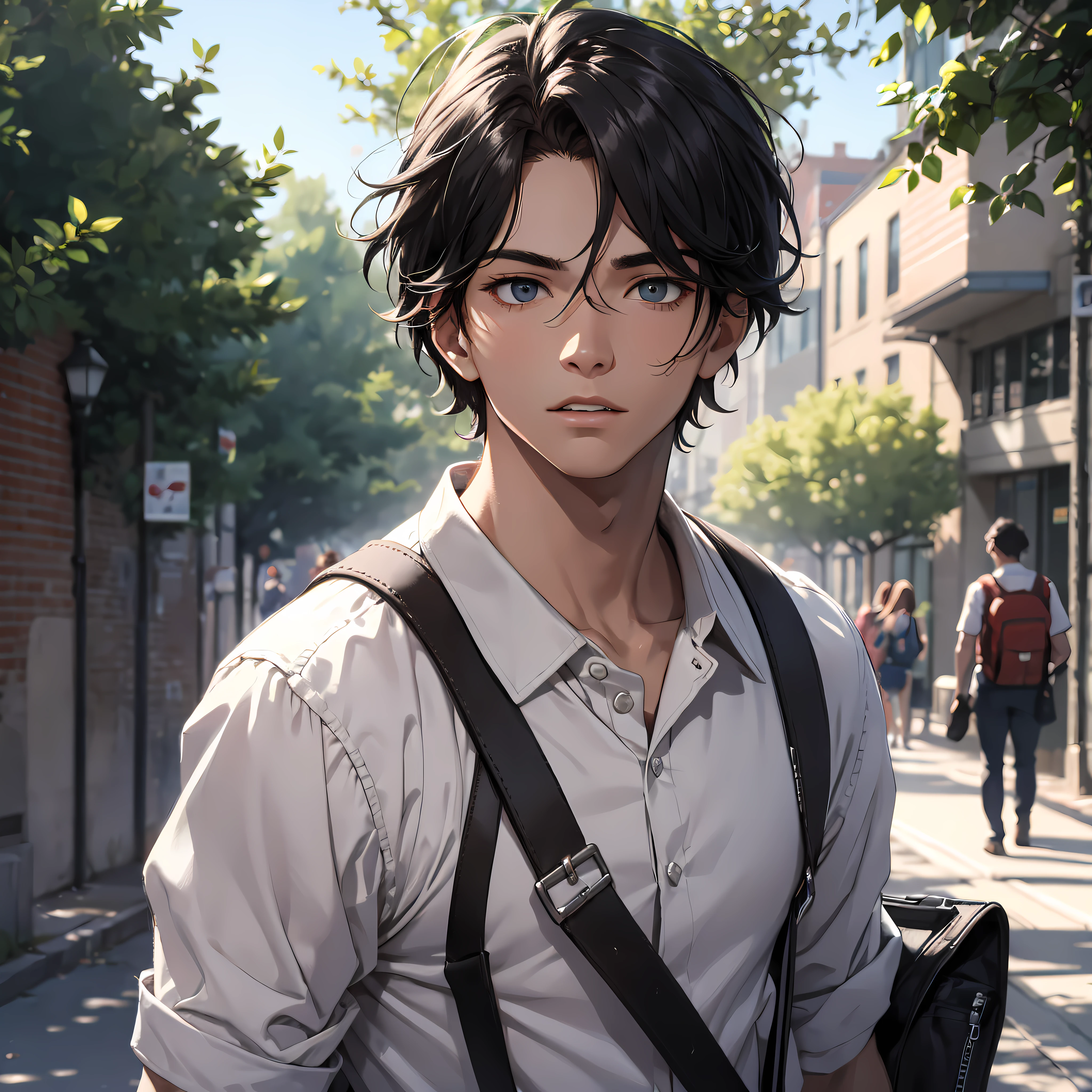 Ridiculous resolution, high resolution, (masterpiece: 1.4), hyper-detail, campus outdoors, young man messy black hair, white suspenders, surprised eyes, walking