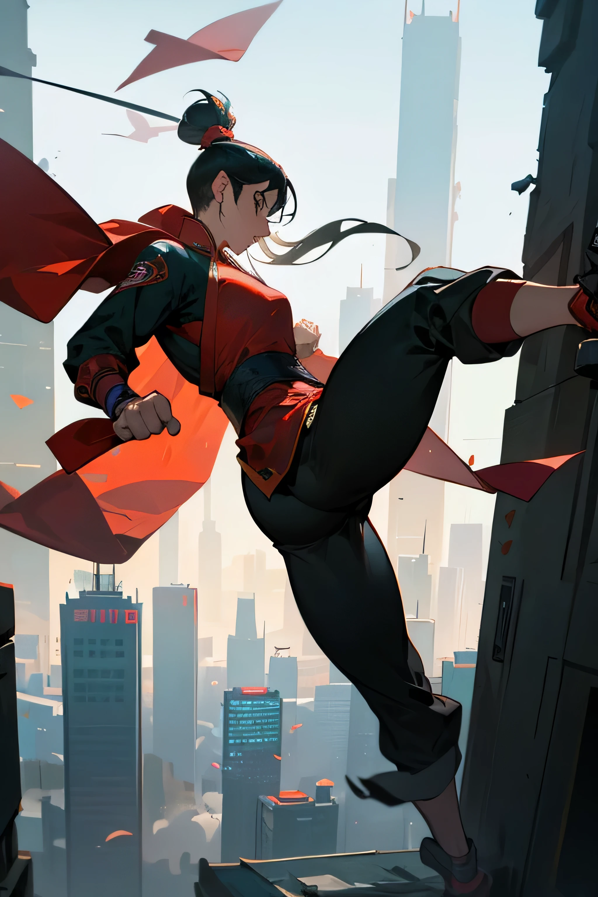 Long rang shot of kungfu master doing a flying kick through the air, smashing through  enemies. Background is cyberpunk cityscape. Masterpiece, super sharp, 8k, genius. No strange body deformations, perfect anatomy. 