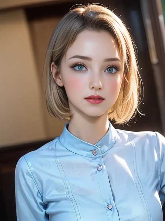 (best quality, 8k, photorealistic:1.5), (solo, one girl:1.5),(shine a bright light on women),(ultimate beautiful girl),(shiny skin),(oily skin),(blonde hair:1.3),(short hairstyle:1.3),(cool beauty),Blush brown makeup , dark eye makeup , use pink glossy lipstick,(big beady eyes girl:1.5),(droopy eyes girl:1.5),(blue eyes:1.5),(thin girl:1.5),(baby face girl:1.5),(sex appeal),(sweet smelling girl),(she works for low wages),(kind-hearted woman),(she has a nice smile),(woman with a happy look),(she is very sociable),(from a very poor family),(virgin girl),(She is a secret pervert.),(she covertly lewd),(she looks so erotic),chuuChloe,(woman with very soft breasts),(woman fantasizing about sex),(allurement),(impressive eyes:1.5),(clean girl),(affability),(cute smile),(good personality),(serious personality),(wants sex),(want to masturbate),(want to have sex forcibly),(relaxing time),(hair ornaments),(compassion),(impurity),(love filled),(get horny),(No love experience),(private room),(little girl's clothes:1.5)
