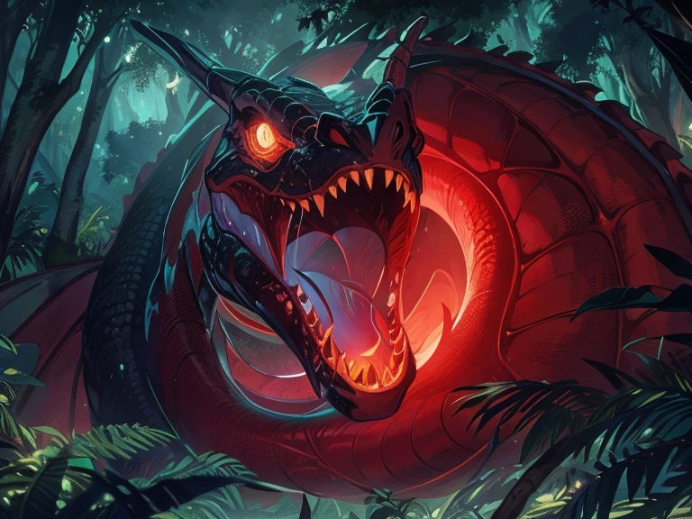 menacing dragon in a lush rainforest