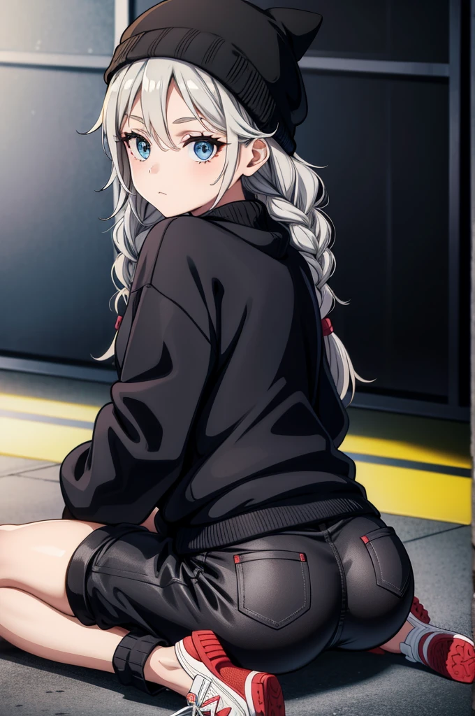 a woman wearing a black hat and black sweater is sitting on dirty floor with graffiti written on it, 1girl, solo, blue eyes, twin braids, looking at viewer, braid, ass, hat, sneakers, shoes, looking back, sitting, grey hair, sweater, black pants, long sleeves, pants, beanie, black headwear, outdoors, long hair, closed mouth