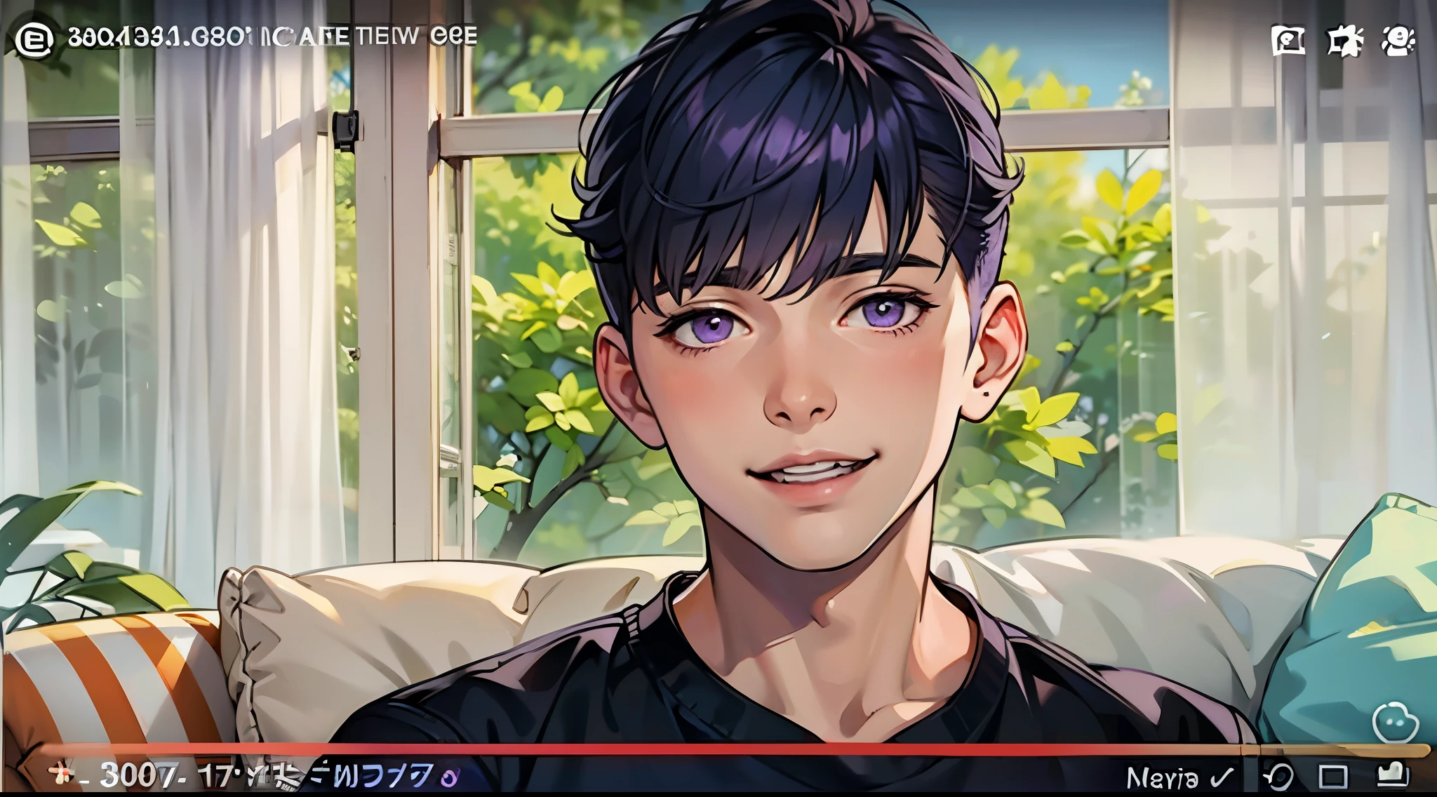 cute boy purple hair purple eyes, with a 58-year-old woman with gray hair, gray eyes, they are talking, they are smiling.
