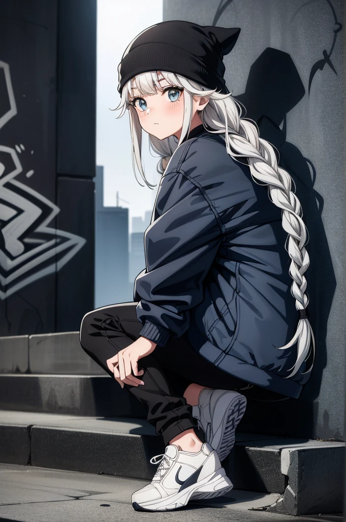 (((grayscale)))(masterpiece:1.2, best quality), (graffiti wall:1.15), 1lady, beanie, jacket, Leggings, blue eyes, fullbody,aa young female cartoon character sitting on steps with graffiti all around her, beanie, blue eyes, hat, looking at viewer, sitting, outdoors, black headwear, twin braids, jacket, braid, shoes, black pants, long hair, long sleeves, looking back, solo focus, sneakers, white footwear, grey hair, closed mouth, pants, bangs, blush