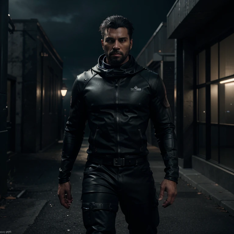 All black Custom, male, at the back werewolf standing,Darkness, hero, full body, in frame, dark theme, extremely detailed natural texture, masterpiece, extremely detailed, amazing, fine detail, rich colors, hyper realistic lifelike texture, dramatic lighting, unreal engine, trending on art station, photo realistic, RAW photo, high quality, high res, sharp focus, extremely detailed, cinematic lighting, 8k, high definition, cinematic, neoprene, unreal engine 5, ultra sharp focus