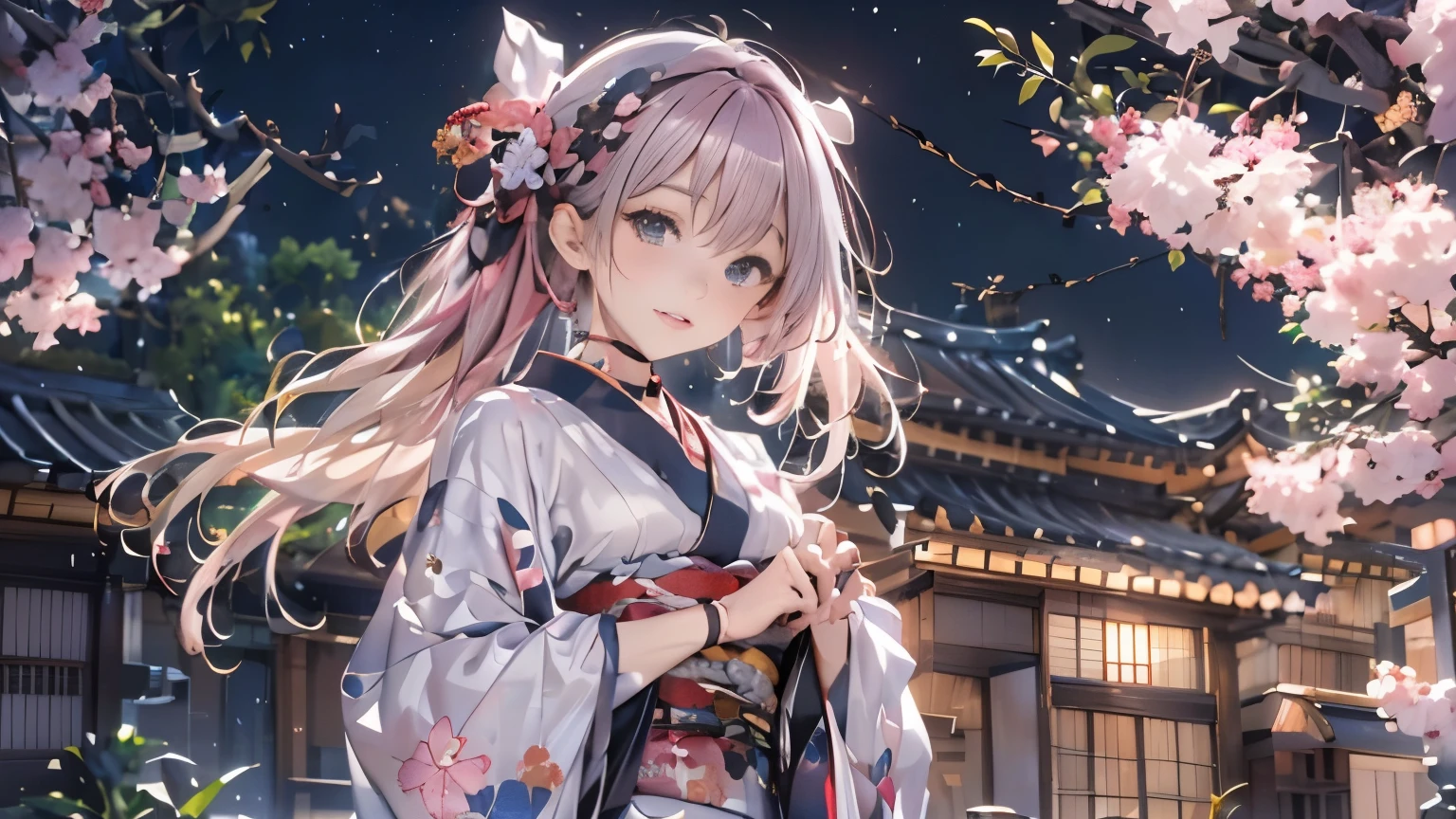 One Woman,Cherry blossom viewing at night,(highest quality,8K quality,masterpiece:1.3,High resolution,Tabletop:1.2, realism:1.3), kimonoを着た初音ミク風のピンクの髪色の23歳の女性,Full Body Lesbian:1.3,look far away,(Japan Dresses, kimono:1.4,generally:1.2, choker:1.4),(Long Hair:1.2,Well-groomed pink hair), (Backstreets:1.3), kimono comes off,I can see your thighs, Beautiful Face,(Young Gravure Idol, A sophisticated gravure idol),(finely detailed perfect face),Normal perfect hands:1.5. The person is shown standing upright
